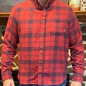 Gently used, Eddie Bauer Red and Black Plaid Button-Down Shirt